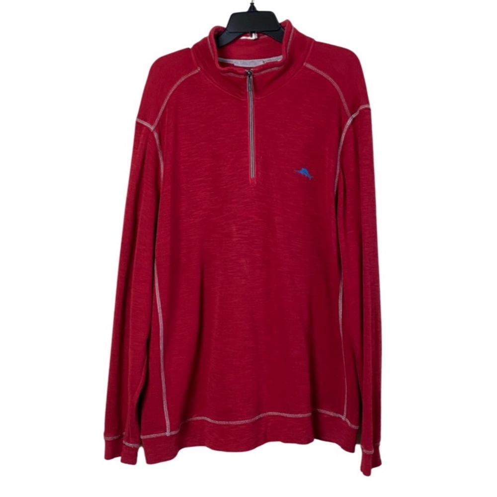 SOLDTommy Bahama Sweater Red 1/4 Zip Mock Neck Pullover Cotton Size XXL - Picture 2 of 11
